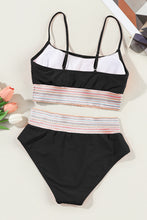 Load image into Gallery viewer, Black Striped Patchwork Spaghetti Strap High Waist Bikini Swimsuit | Swimwear/High Waisted Swimsuit