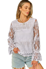 Load image into Gallery viewer, Mesh Blouse | Beige Embroidered Flounce Sleeve Top