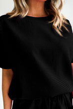 Load image into Gallery viewer, Drawstring Shorts Set | Black Casual Textured Tee and Shorts