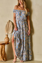 Load image into Gallery viewer, Blue Boho Paisley Print Off Shoulder Maxi Dress | Dresses/Floral Dresses