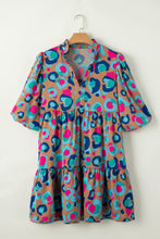 Load image into Gallery viewer, Green Leopard Print Bubble Sleeve Slit Neck Ruffled Dress | Dresses/Mini Dresses