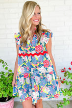 Load image into Gallery viewer, Flutter Sleeve Dress | Sky Blue Floral Printed V Notched Dress