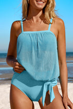 Load image into Gallery viewer, Turquoise Striped Mesh Knotted Hem Tankini Swimsuit | Swimwear/Tankinis