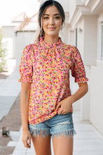 Load image into Gallery viewer, Orange Boho Floral Ruffle Short Sleeve Frill Mock Neck Blouse | Tops/Blouses & Shirts