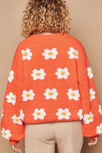 Load image into Gallery viewer, Woman wearing an orange drop shoulder sweater with daisy design, round neck, long sleeves, oversized fit, winter clothes, women's winter clothes