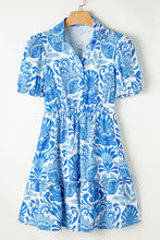 Load image into Gallery viewer, Sky Blue Retro Floral Print Drawstring Waist Ruffled Mini Dress