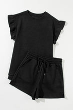 Load image into Gallery viewer, Drawstring Shorts Set | Black Ruffle Split Top and Shorts