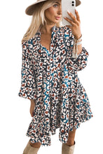 Load image into Gallery viewer, Blue Leopard Print Bubble Sleeve Ruffled Shirt Dress