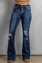 Load image into Gallery viewer, Blue Jeans-Button Fly Distressed Bootcut Blue Jeans | Blue Jeans