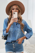 Load image into Gallery viewer, Womens Denim Skirt-Button Front Roll-Tab Sleeve Denim Shirt | denim shirt