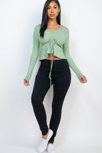 Load image into Gallery viewer, Ribbed Drawstring Front Long Sleeve Peplum Top