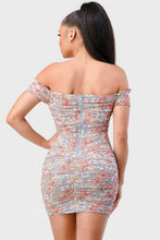 Load image into Gallery viewer, Floral Print Mesh Sweetheart Ruffled Off Shoulder Ruched Mini Dress