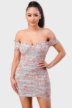 Load image into Gallery viewer, Floral Print Mesh Sweetheart Ruffled Off Shoulder Ruched Mini Dress