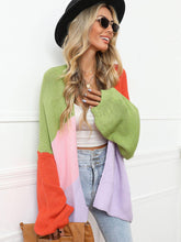 Load image into Gallery viewer, Womens Sweater-Color Block Open Front Balloon Sleeve Longline Cardigan