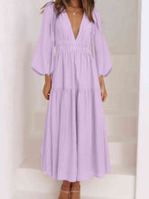 Load image into Gallery viewer, Womens Maxi Dress-Deep V-Neck Balloon Sleeve Plain Maxi Dress