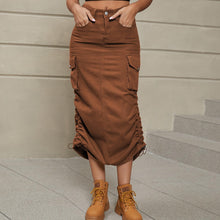 Load image into Gallery viewer, Womens Skirt-Drawstring Ruched Slit Denim Midi Skirt