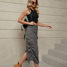 Load image into Gallery viewer, Womens Skirt-Drawstring Ruched Slit Denim Midi Skirt