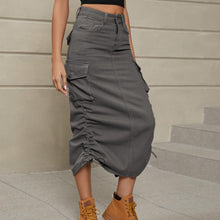 Load image into Gallery viewer, Womens Skirt-Drawstring Ruched Slit Denim Midi Skirt