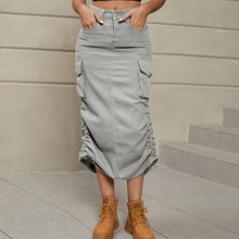 Load image into Gallery viewer, Womens Skirt-Drawstring Ruched Slit Denim Midi Skirt