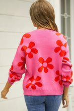 Load image into Gallery viewer, Womens Sweater-Floral Print Round Neck Dropped Shoulder Pullover Sweater