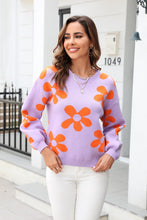 Load image into Gallery viewer, Womens Sweater-Floral Print Round Neck Dropped Shoulder Pullover Sweater