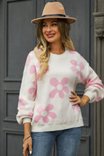 Load image into Gallery viewer, Womens Sweater-Floral Print Round Neck Dropped Shoulder Pullover Sweater