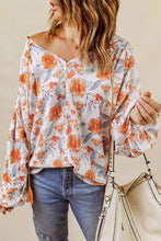 Load image into Gallery viewer, Womens Blouse-Floral Tie Neck Balloon Sleeve Blouse | top