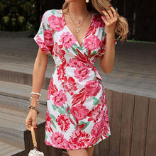 Load image into Gallery viewer, Womens Mini Dress-Floral Tied Short Sleeve Mini Dress