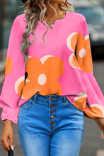 Load image into Gallery viewer, Womens Blouse-Flower Notched Balloon Sleeve Blouse | Tops/Blouses & Shirts