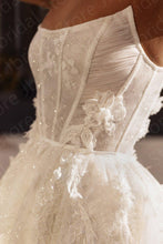 Load image into Gallery viewer, Strapless Wedding Dress- White Bridal Gowns w/ Sequined Flowers | Wedding Dresses