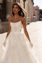 Load image into Gallery viewer, Strapless Wedding Dress- White Bridal Gowns w/ Sequined Flowers | Wedding Dresses