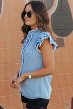 Load image into Gallery viewer, Denim Top | Raw Hem Button Up Cap Sleeve Blouse