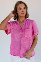 Load image into Gallery viewer, Bright Pink Mineral Wash Split Neck Pocket Patched Denim Top