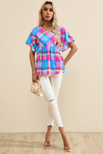 Load image into Gallery viewer, Babydoll Top | Sky Blue Colorful Plaid V Neck Ruffled Short Sleeve Blouse