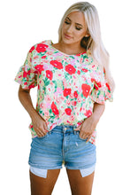 Load image into Gallery viewer, V Neck Blouse | Red Floral Print Ruffled Short Sleeve