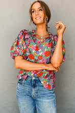 Load image into Gallery viewer, Red Floral Tie Split Neck Ruffle Puff Sleeve Blouse | Tops/Blouses & Shirts