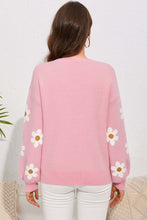 Load image into Gallery viewer, Woman wearing pink flower sweater with round neck and dropped shoulder design, back view. Ideal for winter clothes and women's winter fashion.