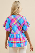Load image into Gallery viewer, Babydoll Top | Sky Blue Colorful Plaid V Neck Ruffled Short Sleeve Blouse