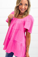 Load image into Gallery viewer, Bright Pink Textured Square Neck Flutter Sleeve Tiered Flowy Blouse | Tops/Blouses & Shirts