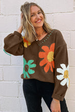 Load image into Gallery viewer, Coffee Big Flower Pattern V Neck Drop Shoulder Sweater