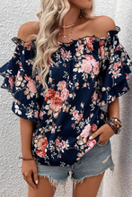 Load image into Gallery viewer, Blue Ruffle Off Shoulder Flounce Sleeve Floral Blouse | Tops/Blouses & Shirts