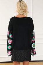 Load image into Gallery viewer, Black Floral Crochet Bell Sleeve Loose Sweater | Tops/Sweaters & Cardigans