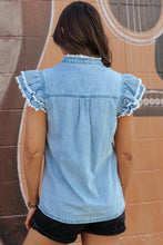 Load image into Gallery viewer, Denim Top | Raw Hem Button Up Cap Sleeve Blouse
