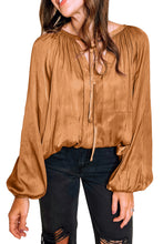 Load image into Gallery viewer, Camel Satin Pleated Tied V Neck Puff Sleeve Blouse