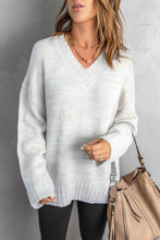 Load image into Gallery viewer, White V neck Drop Shoulder Sweater