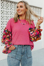 Load image into Gallery viewer, Pink Flower Patchwork Top | Ruffled Sleeve Ribbed Knit