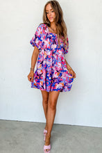 Load image into Gallery viewer, Purple Flower Print Short Puff Sleeve Ruffled Dress | Dresses/Floral Dresses