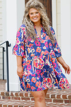 Load image into Gallery viewer, Blue Plus Size Floral Print Ruffled 3/4 Sleeve Mini Dress | Plus Size/Plus Size Dresses/Plus Size Mini Dresses
