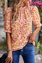 Load image into Gallery viewer, Orange Boho Floral Ruffle Short Sleeve Frill Mock Neck Blouse | Tops/Blouses & Shirts