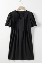 Load image into Gallery viewer, Black Notched Neck Pleated Puff Sleeve Shift T-shirt Dress | Dresses/T Shirt Dresses